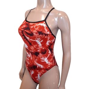 Speedo Endurance One Piece Performance Swim Suit Abstract Print Red Orange